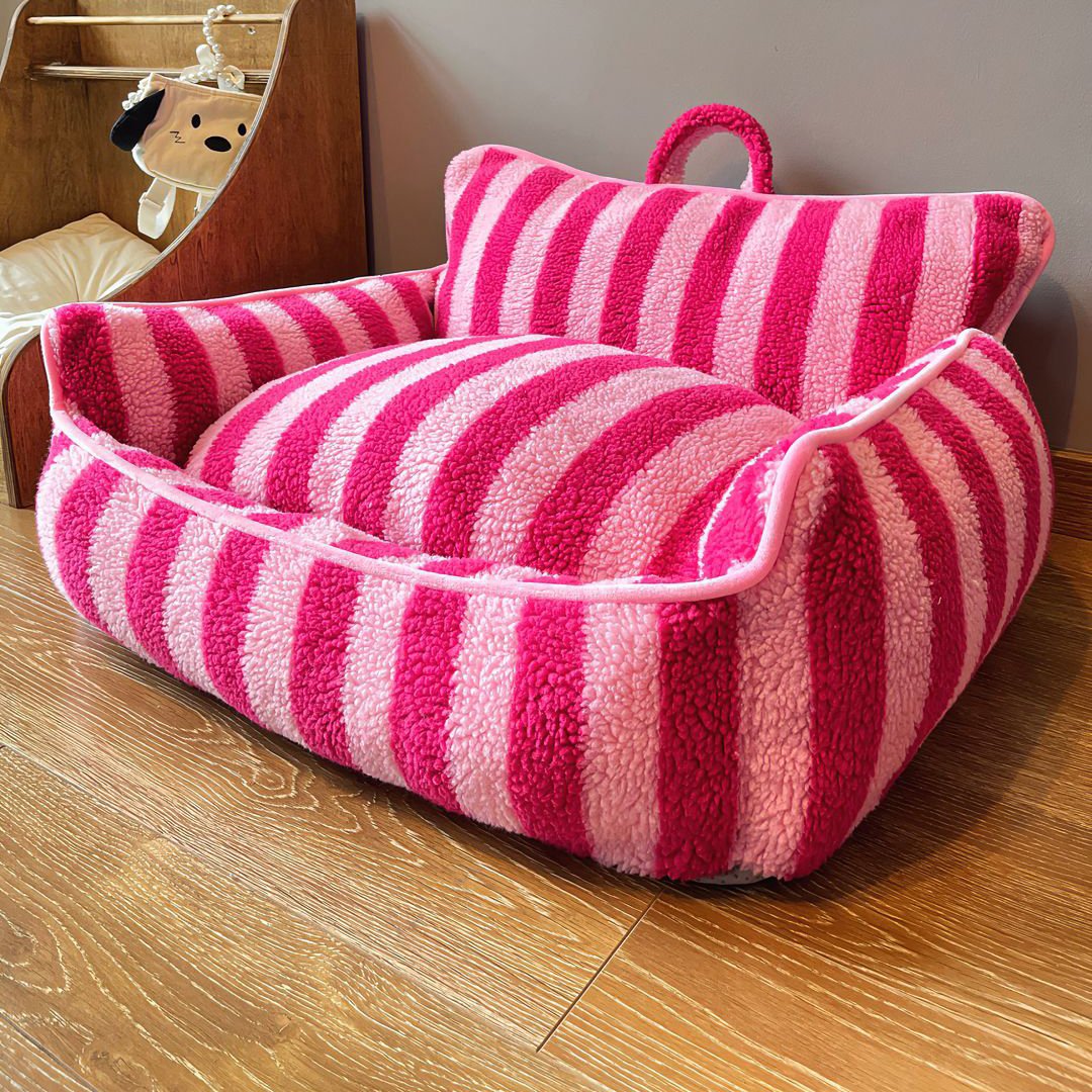 Pet  Dog Cat Sofa Stylish Dual-Layer Striped Faux Lambswool